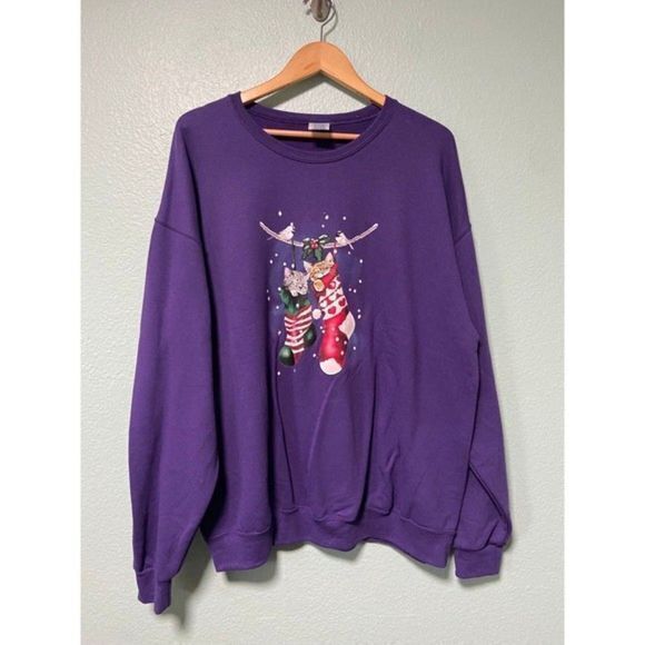 Vintage Women's Cat in Stocking Purple Sweater Size XL‎ - Picture 1 of 6